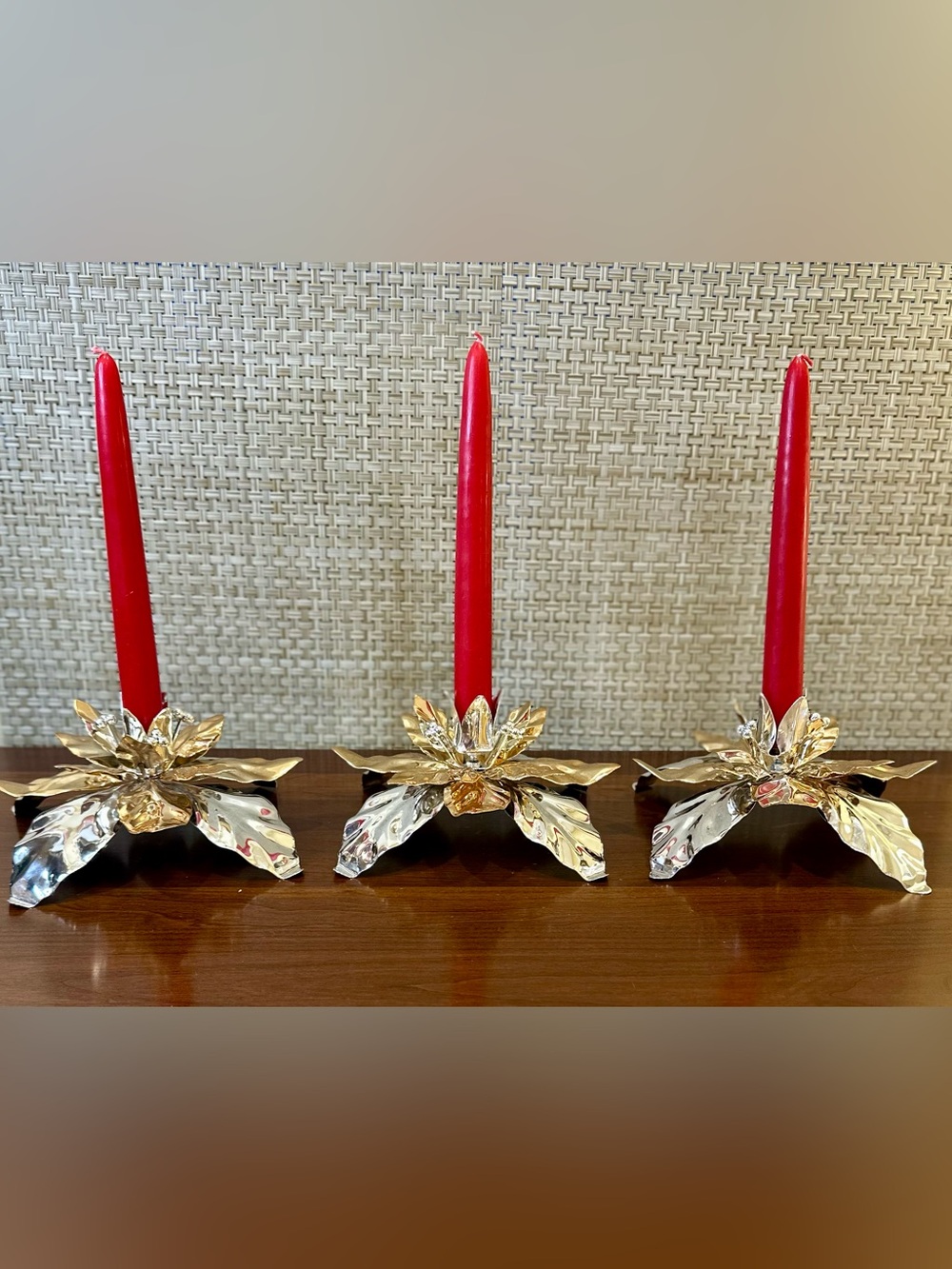 🎄VTG Lot of 3 Dept 56 Gold/Silver Poinsettia Metal Taper Candle Holders Boxes